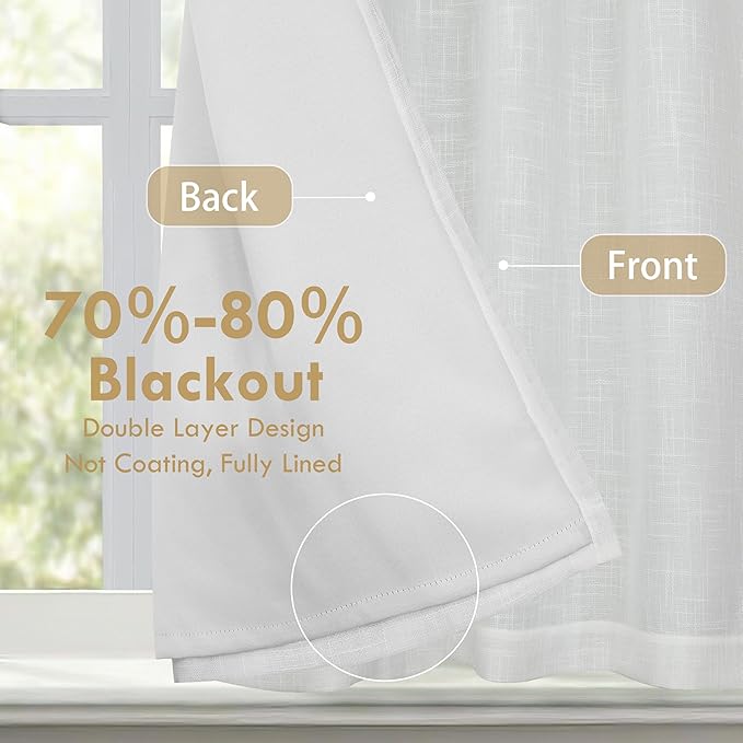 DriftAway Double Layer Linen Blackout Tie Up Curtains Thermal Insulated Fully Lined Balloon Roman Shade Bathroom Window Adjustable Rod Pocket for Small Window 39 Inch by 55 Inch White