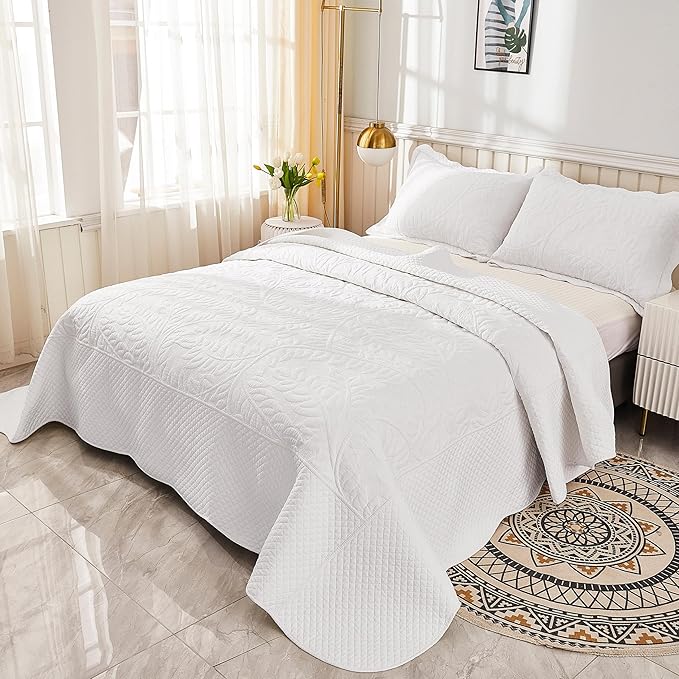 MarCielo 100% Cotton Quilt Set - 3-Piece Embroidered Farmhouse Bedspread & Shams, All-Season Breathable Bedding (Bright White,Queen)