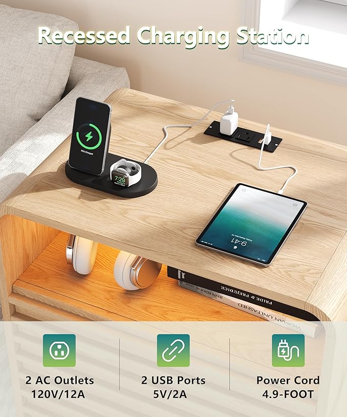 22.4"W Fluted Night Stand with 2 Drawers and Opening Shelf, RGB Nightstand with Charging Station, Wooden Bedside Table with Solid Wood Legs, End Table for Bedroom, Curved Profile Design, Natural Oak