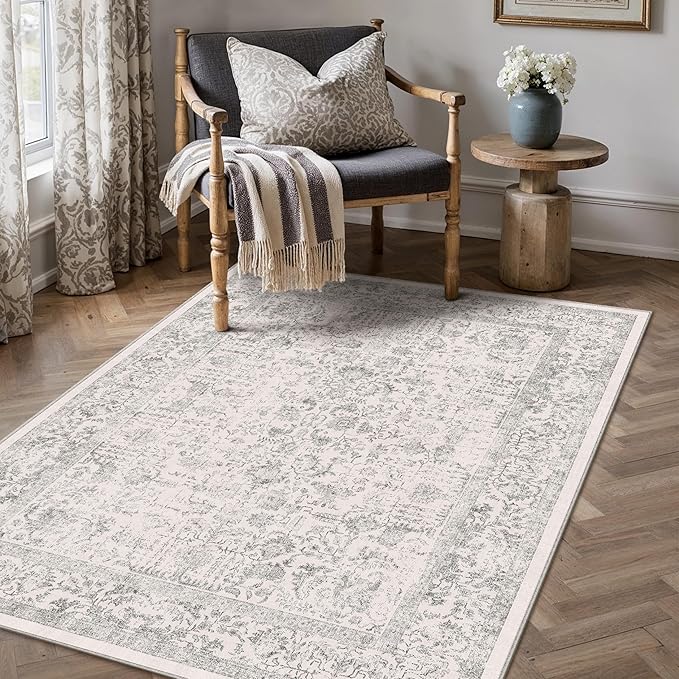Gray Area Rug 3x4 Office Entryway Rug Machine Washable Kitchen Vintage Distressed Non Slip Carpet Indoor Grey Retro Floral Accent Throw Door Mat for Bathroom Bedroom Dining Living Room