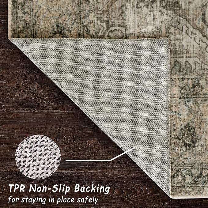 vivorug 9x12 Area Rugs for Living Room, Non Slip Machine Washable Vintage Rug, Ultra-Thin Lightweight Large Area Rug for Bedroom, Dining Room, Low Pile Rug Olive
