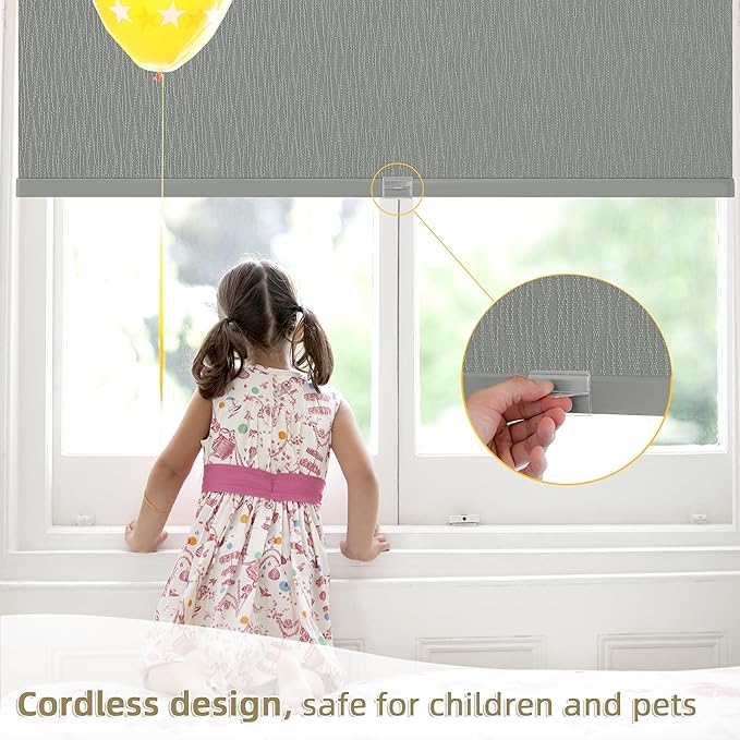 ChrisDowa Cordless Blackout Roller Shades for Windows, Striped Free-Stop Window Blinds with Privacy, Thermal Insulated Window Shades for Home, Office and Door. Grey, 20" W x 72" H