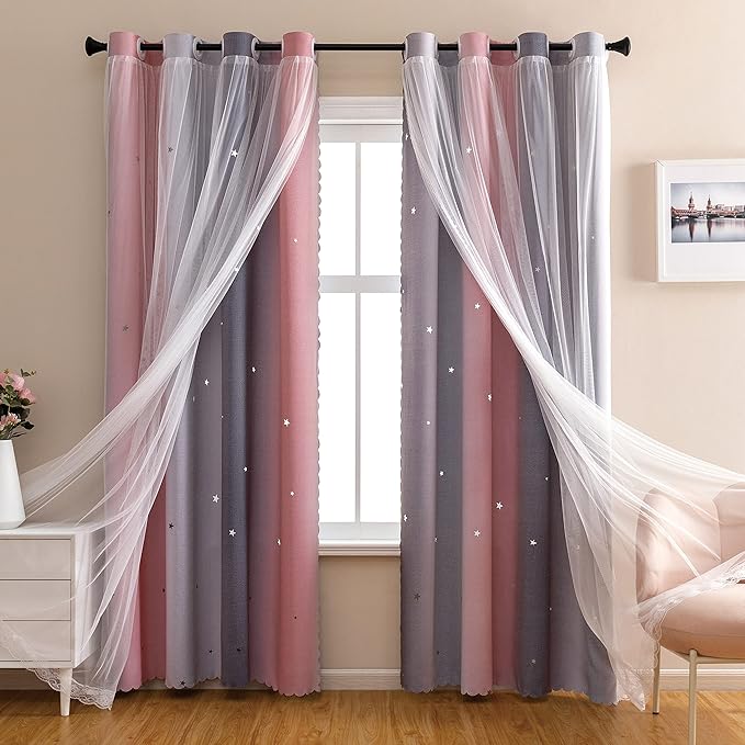 XiDi Dream Star Blackout Curtains for Kids Rooms Girl Princess Curtain for Daughter Bedroom Window (Pink Grey, W34 X L84)