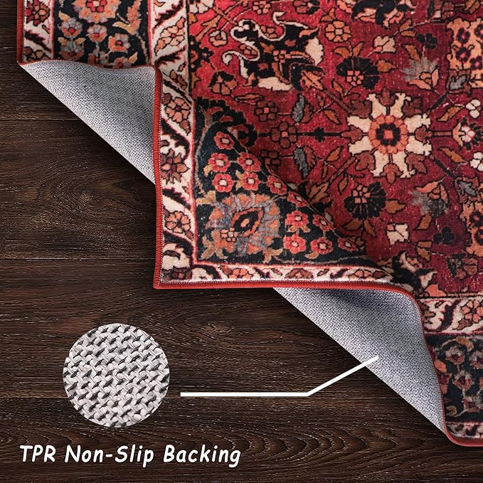 vivorug Round Rug 4ft Vintage Round Area Rug Non-Slip Indoor Carpet for Living Room Bedroom Entryway, Stain Resistant Home Decor Circle Rug, Cherry Red/Spice