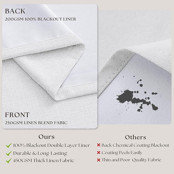 White Blackout Pinch Pleated Linen Curtains 105 Inches Long for Living Room 2 Panels Thermal Insulted Dual Layer Drapes Ceiling Floor Back Tab 105 Inch Window Curtains Bedroom Sliding Glass Door