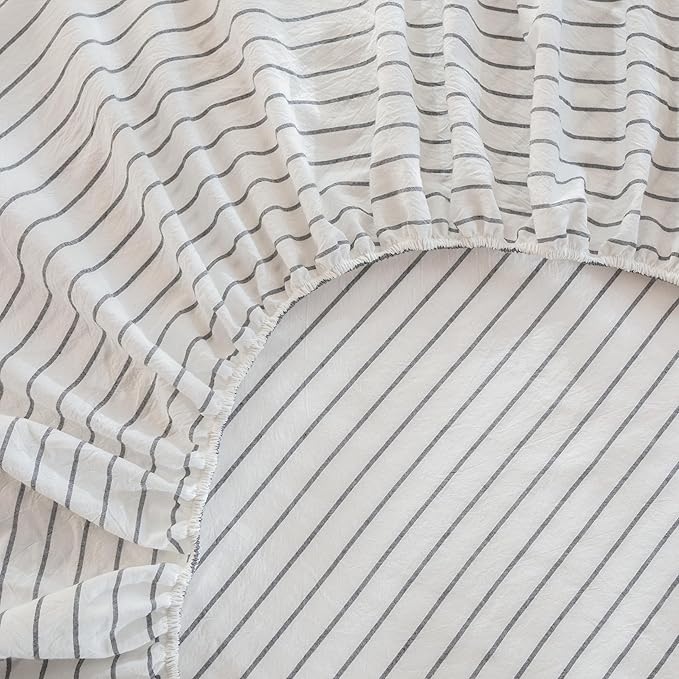 MooMee Fitted Bottom Sheet Only 100% Washed Cotton Linen Like Textured Breathable Durable Soft Comfy Deep Pocket Fits Mattress up to 17" (White Dark Grey Wide Stripes, King)