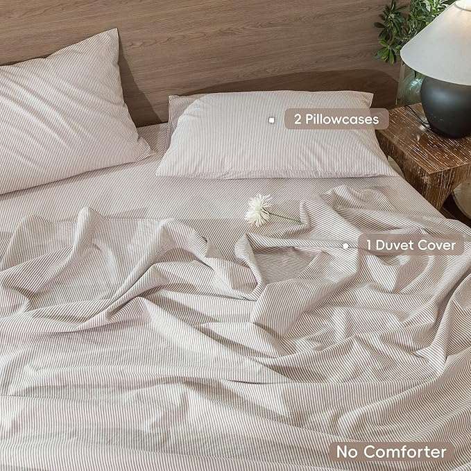 MooMee Striped Duvet Cover Set 100% Washed Cotton Linen Like Textured Breathable Durable Soft Comfy (Orange Pinstripes, Super Queen 90"x98")