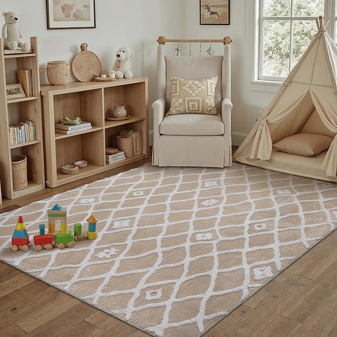 Beige 4x6 Area Rug Moroccan Shag Office Washable Carpet Soft Non Shedding Neutral Boho Doormat Plush Pile Modern Throw Rug for Entryway Kitchen Dining Room Bedroom Living Room