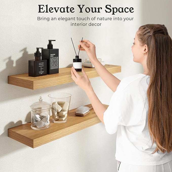 Floating Shelves for Wall, 9.3" Deep Wall Mounted Wood Shelves for Bathroom, Bedroom, Living Room, Kitchen, Hanging Shelf for Books/Storage/Room Decor (Oak, 40")
