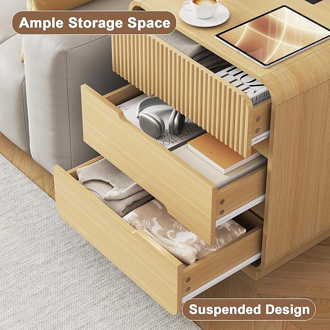 9 Drawer Dresser and 2 Nightstand Sets for Bedroom 3 Pcs Bedroom Set, Modern 57.9" Fluted Dresser with Invisible Handles Nightstand Charging Station, Bedroom Furniture Set for Living Room, Natural