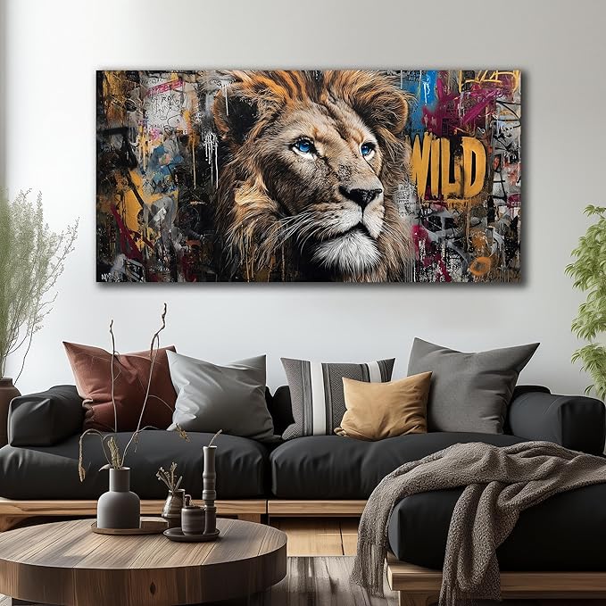 JuhaiArt Brown Wall Art Lion Artwork Graffiti Wall Decor Animal Canvas Art for Living Room Bedroom Home Office Prints Colorful Large Picture 29" x 59"