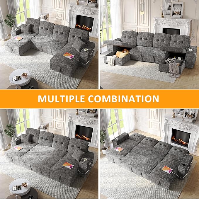 117" Sleeper Sofa Bed, U-Shaped Sofa with Dual Reversible Storage Chaise | Adjustable Backrest | Wide Armrest, Sectional Couches for Living Room, 4 in 1 Pull Out Couch Bed, Grey Chenille