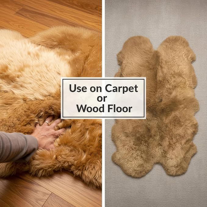 Large Sheepskin Rug for Living Room - 4x6 Light Brown Sheep Skin Rug for Bed Room - Multi Use As a Yoga Mat - All Natural Sheep Fur