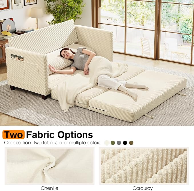 65" Loveseat Sleeper Sofa Bed, Corduroy Convertible Sofa Bed for Small Spaces, Folding Couch Bed with Deep Seat, 2 Pillows & Solid Frame, Pull Out Floor Couches for Living Room, Beige