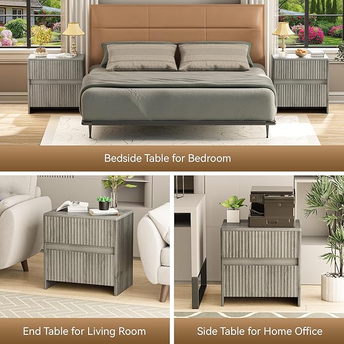 Fluted Nightstand, 23" Wood Bedside Table with 2 Storage Drawers, Modern Night Stand for Bedroom, Office, Grey