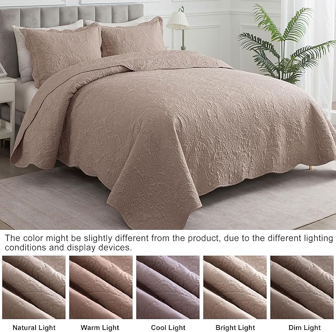 HoneiLife Quilt Sets King Size - Microfiber Bedspreads for King Bed, 3-Piece Lightweight Coverlets, Retro Bedlinen Sets, King Quilt Bedding Set All Season Use-Dark Khaki