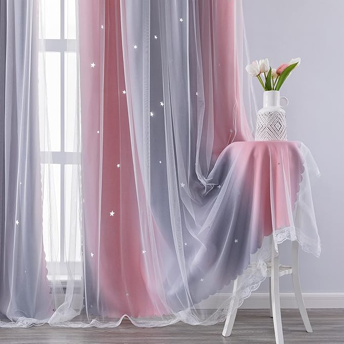 XiDi Curtains for Bedroom Decor, Rainbow Pink-Grey-34-90