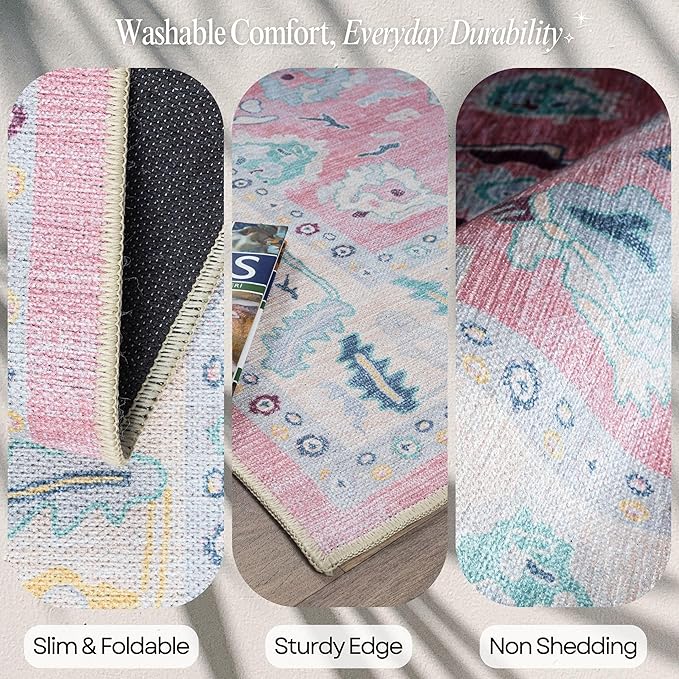 Fame Rugs Pink Modern Oushak Rug 2'6"x7', Washable Vintage Turkish Colorful Oriental Antique Inspired Foldable Small Runner Rugs, Luxury Living Room Bedroom (385PB, 2'6" x 7')
