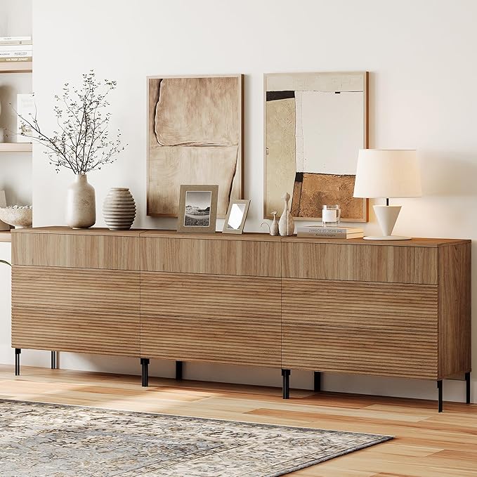 WAMPAT 94.5" W Fluted Dresser for Bedroom, Modern 9 Drawer Dresser TV Stand with Hidden Handles, Wooden Chest of Drawers Closet Clothes Storage Organizer for Bedroom, Living Room, Light Walnut