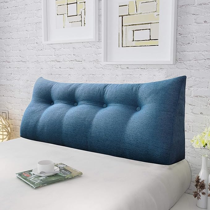 homecozy Wedge Headboard Pillow Dorm Room Reading Pillow Back Support for Sitting Up in Bed Bolster Lumbar Cushion Body Positioning Bedrest Cotton Linen 54in Blue Full