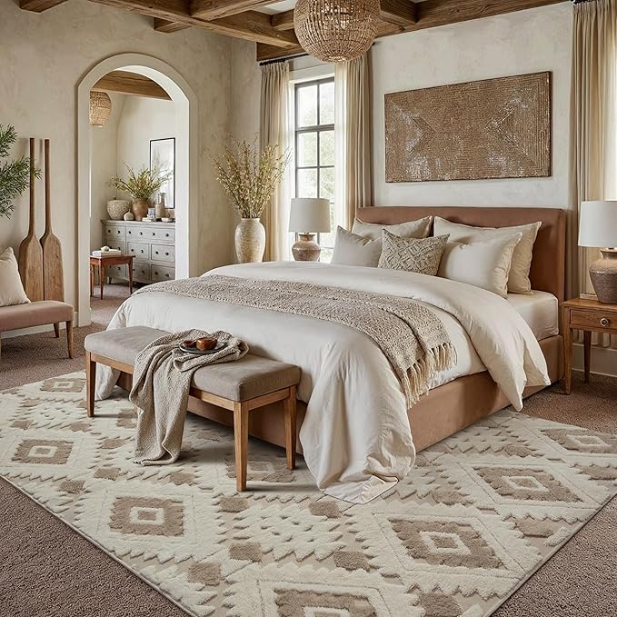 Ivory Brown 6x9 Area Rug Washable Living Room Moroccan Shag Carpet Non Slip Soft Neutral Boho Plush Pile Large Throw Rug for Office Bedroom Dining Room Playroom