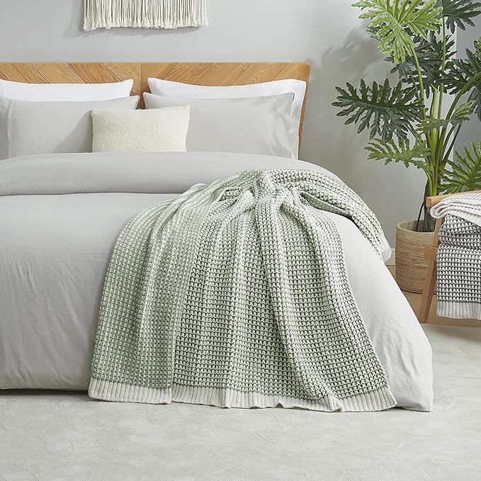 Amélie Home Waffle Chenille Throw Blanket for Couch, Pineapple Stitch Knit Soft Cozy Knit Blanket Decorative Throw for Sofa, Chair, 50"x60", Sage Green&Ivory