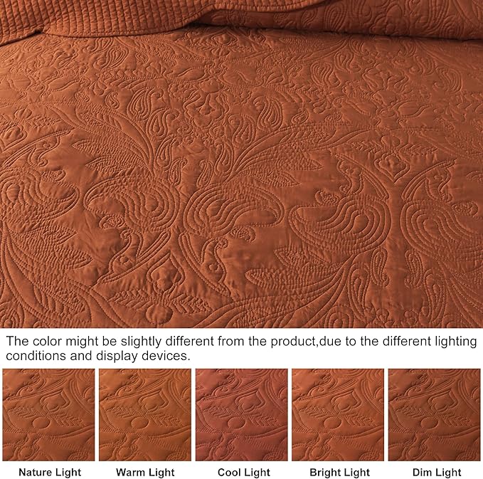 HoneiLife Embroidered Quilt King Size - 3 Pieces Microfiber Quilt Sets Lightweight Bedspreads Reversible Coverlets Retro Bed Cover Paisley Pattern Bedding Set All Season Quilts-Rust