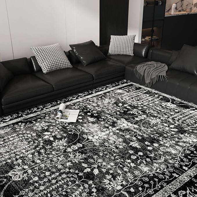 Area Rugs 6x9, Machine Washable Rugs 6x9 Black Large Rug Indoor Floor Non Silp Carpet Distressed Vintage Rug for Bedroom Dining Room Home Office | Black