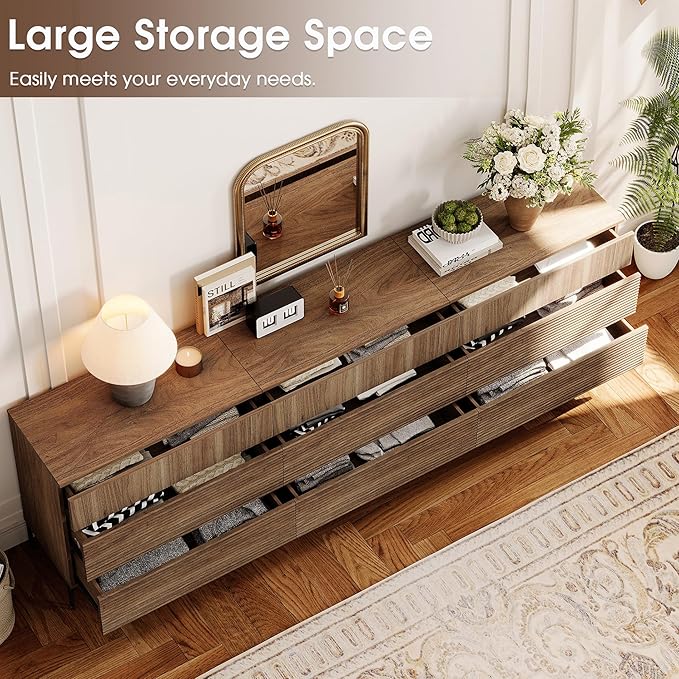 WAMPAT 94.5" W Fluted Dresser for Bedroom, Modern 9 Drawer Dresser TV Stand with Hidden Handles, Wooden Chest of Drawers Closet Clothes Storage Organizer for Bedroom, Living Room, Light Walnut