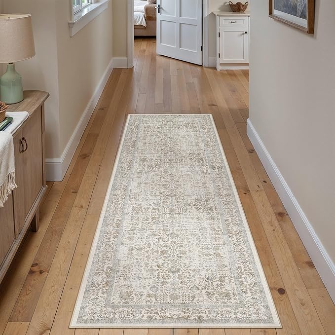Taupe Runner Rug 2'6"x10' Washable Carpet for Hallway Kitchen Vintage Distressed Non Slip Indoor Retro Floral Bedroom Accent Throw Long Rug Bathroom Office Laundry Dining Living Room