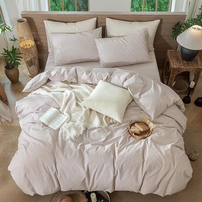 MooMee Striped Duvet Cover Set 100% Washed Cotton Linen Like Textured Breathable Durable Soft Comfy (Orange Pinstripes, Super Queen 90"x98")