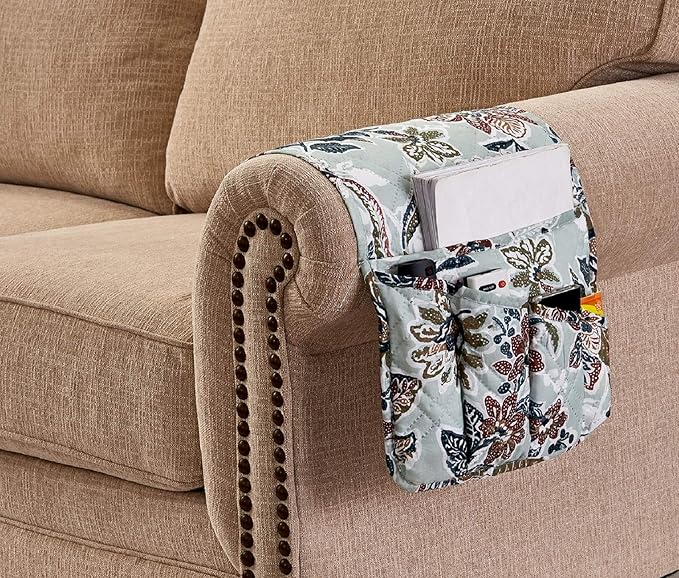 Brilliant Sunshine Vintage Beautiful Green Flowers Couch Armrest 5 Pockets Organizer, Slip Resistant Armchair Caddy, Washable Remote Controls Holder, Storage for Magazine, Tablet, iPad, 35×13", Green