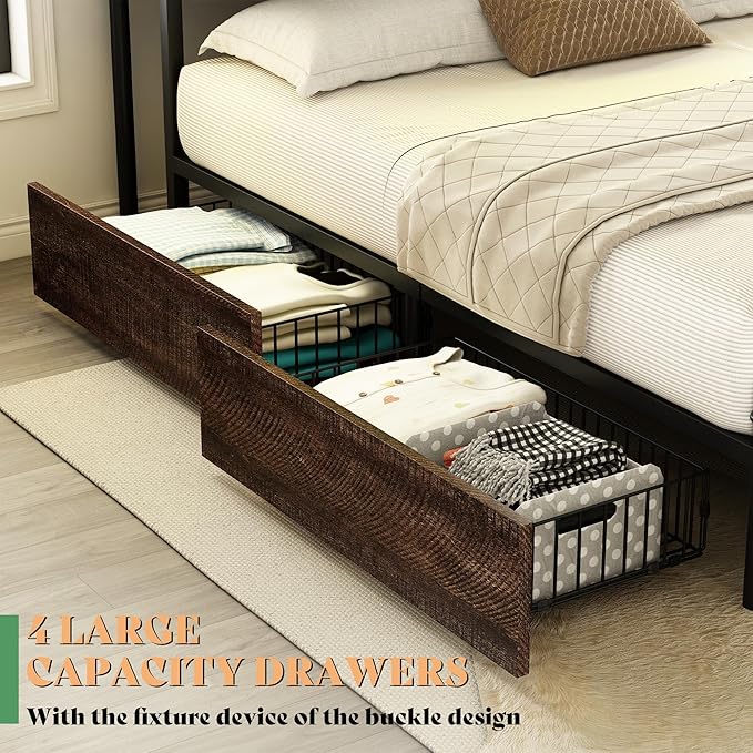 AMERLIFE King Size Bed Frame with Bookcase Headboard, 4 Storage Drawers, Wooden Platform Bed with Charging Station & LED Light, No Box Spring Needed, Noise-Free, Rustic Brown