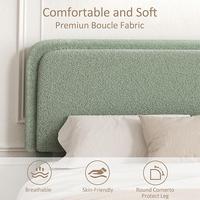 Queen Size Platform Bed Frame with Headboard, Boucle Upholstered Desige, Anti-Collision Corners, Soft Rounded Corners, No Box Spring Required, Easy Assembly, Noise Free