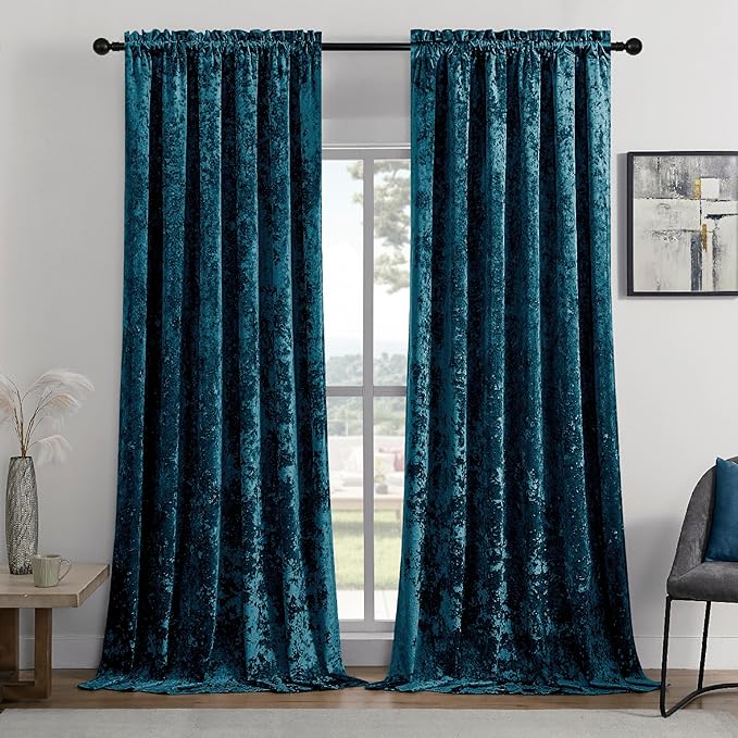 SMILETIME Tranquil Blue Crushed Velvet Curtains 52x96inch Rod Pocket Luxurious Thermal Insulated Soundproof Drapes Soft and Durable Light-Filtering Window Treatments for Living Room Bedroom, 2 Panels
