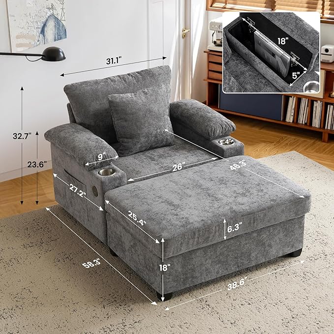SUNWAVE 58" Chaise Lounge Chair with Ottoman, Chenille Fabric Sofa Bed, Accent Chair with Cupholders & USB Charging Ports for Living Room, Bedroom, Apartment (1 Chaise Misty Gray)