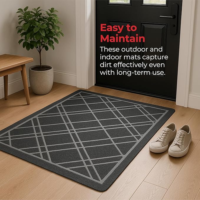 SlipToGrip Universal Door Mat, Plaid Design - Grey, 42 x 5 - No Slip, Durable and Washable, Outdoor and Indoor Floor Welcome Mat Entry - Front Door, Dust Absorbent, 2pk