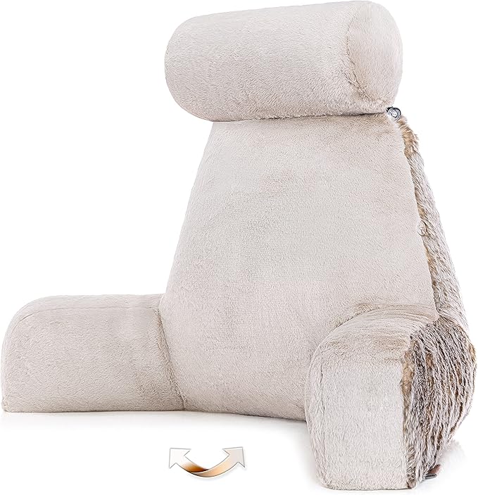 Husband Pillow XXL Ultra Rare Baby Chinchilla Backrest, Two-Tone Reversible Double Sided Fabulous Faux Fur Reading & Bed Rest Pillow with Arms & Neck Roll, Adjustable Memory Foam - Extremely Comfy