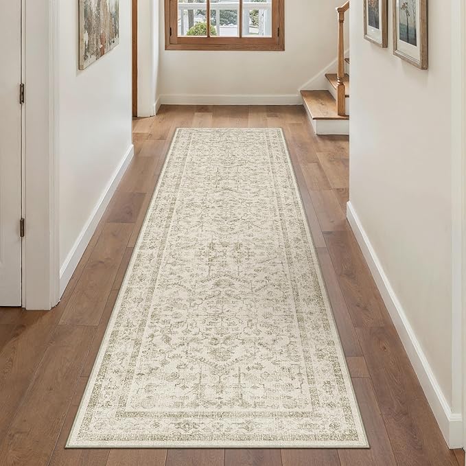 Taupe 2x8 Runner Rug Vintage Area Carpet Hallway Indoor Kitchen Washable Low Pile Traditional Distressed Retro Accent Throw Rug Non Slip for Laundry Bathroom Office