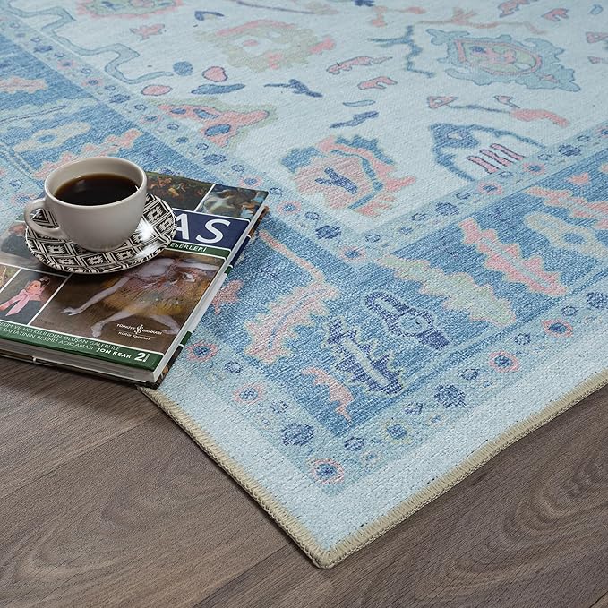 Fame Rugs Blue Modern Oushak Rug 5x7, Washable Vintage Turkish Colorful Oriental Antique Inspired Area Rugs, Luxury Living Room Bedroom (995BB, 5' x 7')