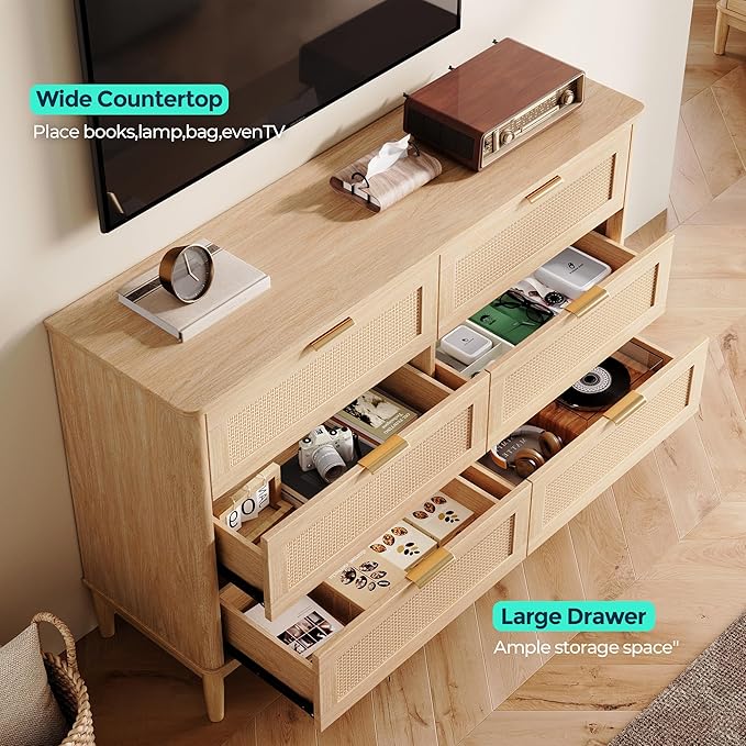LINSY Rattan 6 Drawer Dresser for Bedroom, 54" Wide Mid-Century Modern Tall Chest of Drawers, Deep Storage Dresser with Curved Corner Design, Large Accent Wood Cabinet for Bedroom, Oak