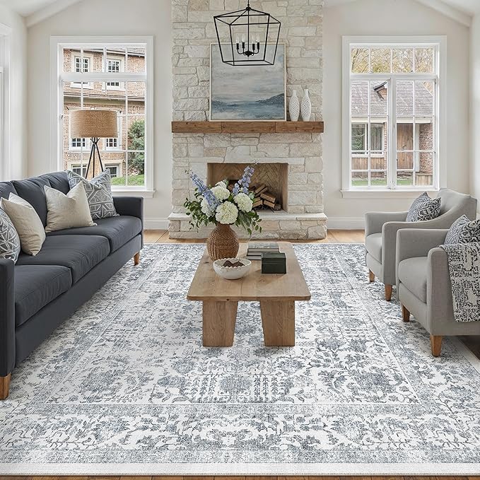 Navy Blue Area Rug 9x12 Machine Washable Large Vintage Living Room Distressed Non Slip Carpet Traditional Indoor Bedroom Retro Floral Accent Throw Rug for Office Kitchen Dining Room