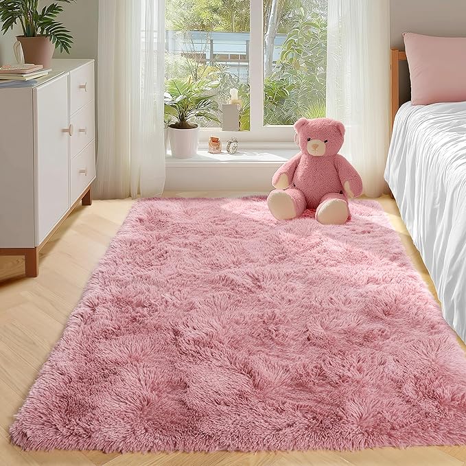 PAGISOFE Shaggy Fluffy Area Rugs Carpets for Girls Room Baby Nursery Teens Rooms 4x6 Feet Pink Plush Fuzzy Shag Rugs for Kids Bedroom Home Decor Aesthetic Coral Furry Rug, Blush