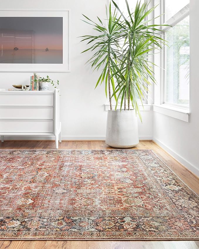 Loloi Layla Collection LAY-02 Spice/Marine 2'-0" x 5'-0" .13" Thick Accent Rug, Soft, Durable, Vintage Inspired, Distressed, Low Pile, Non-Shedding, Easy Clean, Printed, Living Room Rug
