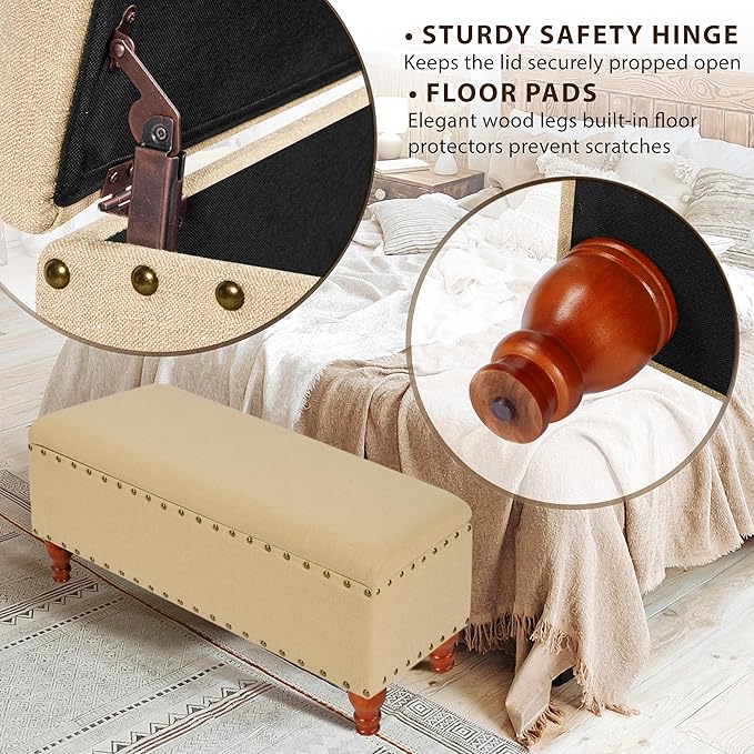 HomePop Large Rectangle Storage Bench with Nail Head Trim - Tan Linen