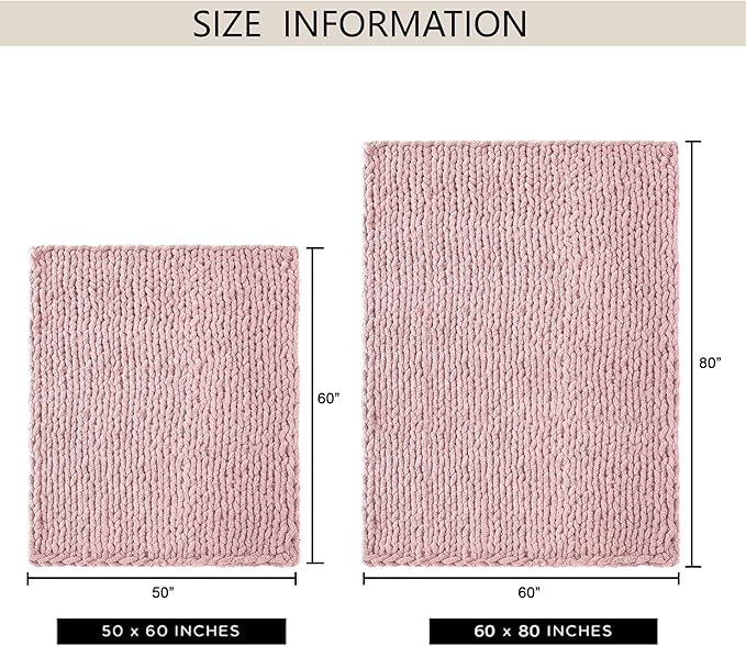Chunky Knit Throw Blanket 60"X 80", 100% Handmade with Soft Chenille Yarn, 4.4lbs Thick Cable Knitted Blankets, Large Rope Knot Crochet Throws for Couch Sofa Bed Home Decor, Dusty Pink