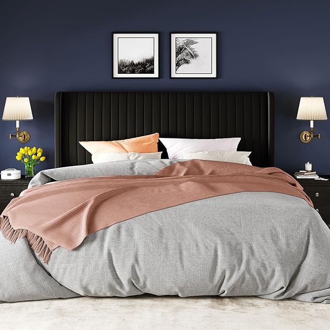 Allewie King Size Velvet Bed Frame/Vertical Channel Tufted Wingback Headboard/Upholstered Platform Bed/Strong Wooden Slats/No Box Spring Needed/Easy Assembly/Black