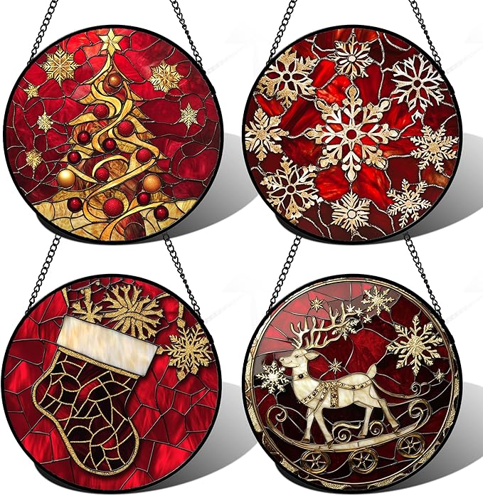 Stained Glass Window Hanging 4 Pcs Set Red Christmas Elk Snowflakes Large 11.8" - Deer Suncatcher Door Garden Sun Catcher Decor Birthday for Mom Woman Nana Men Friend