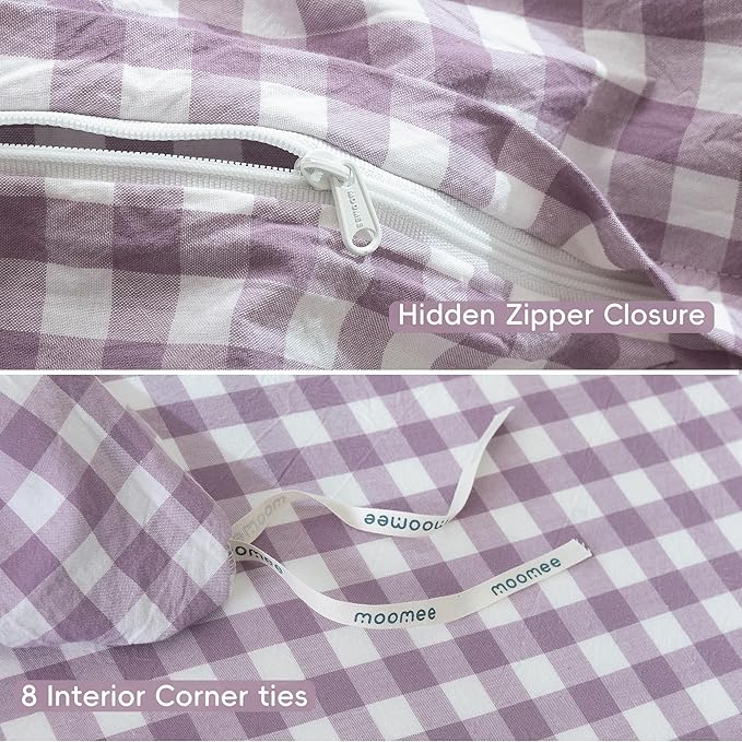 MooMee Gingham Duvet Cover Set 100% Washed Cotton Linen Like Textured Breathable Durable Soft Comfy Modern Checkered Design (Classic Gingham Light Purple, Queen 90"x90")