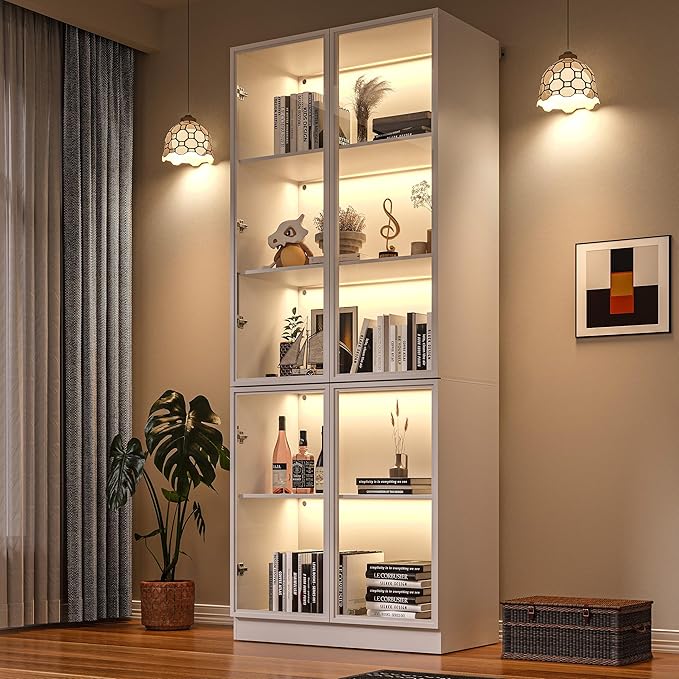 Display Storage Cabinet with Glass Door, LED Lights,Showcase for Collections, Perfume, Vinyl Albums, Bookcase for Home Office, Living Room, Clinic, Pantry (5 Layers-White)